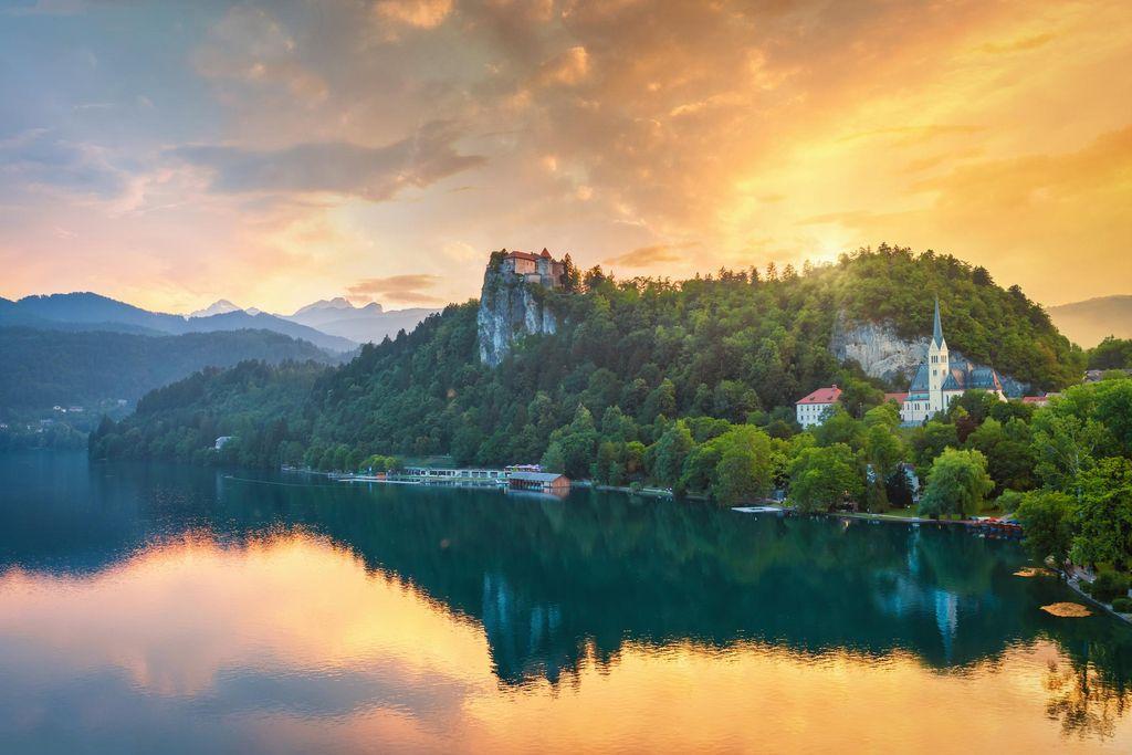 Sunset over Lake Bled in Slovenia