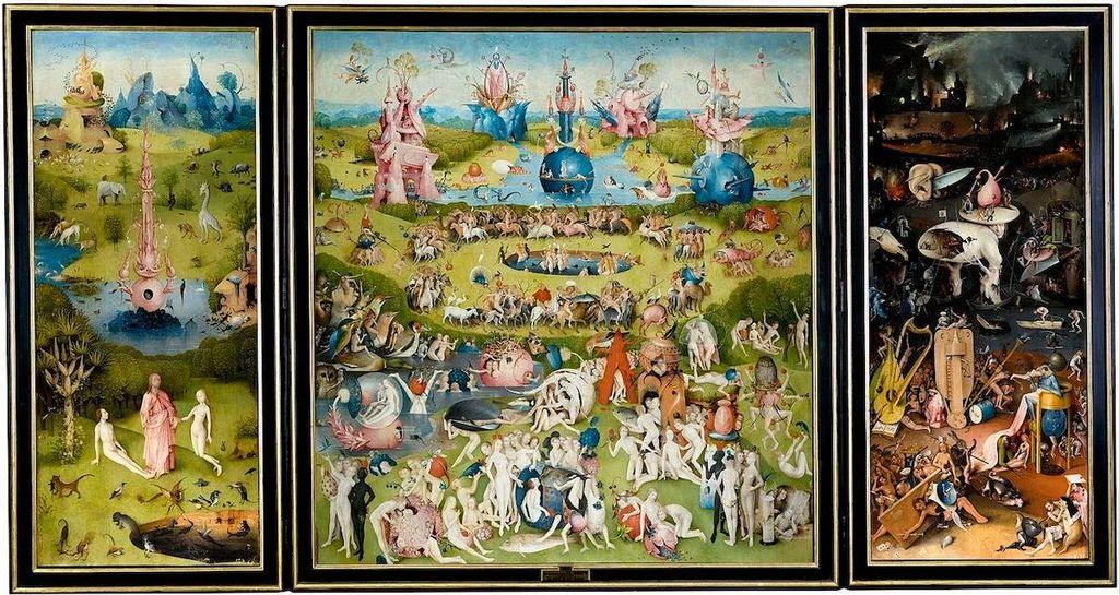 The open triptych includes three scenes. The left panel is dedicated to Paradise, portraying the creation of Eve and the Fountain of Life, while the right panel depicts Hell. The central panel gives the ensemble its name, representing the delights or pleasures of life in a garden.