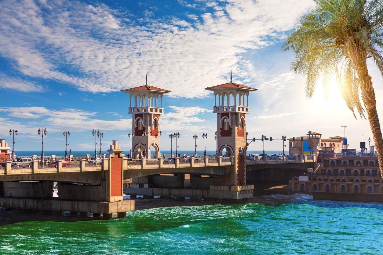 The famous towers of the Stanley Bridge, a popular architectural monument, Alexandria, Egypt