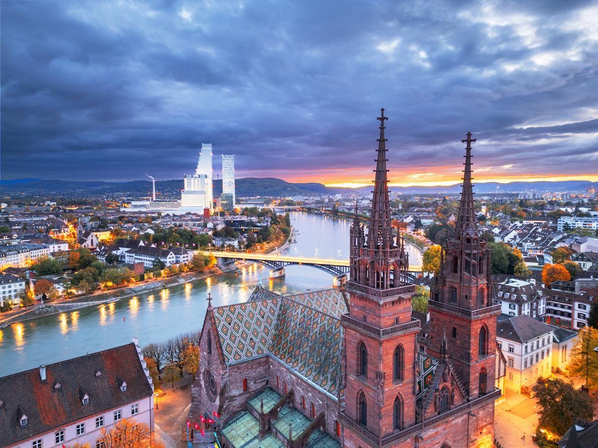 The city of Basel, crossed by the Rhine River